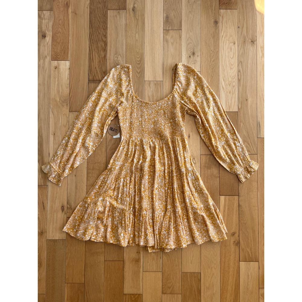 NEW Bila 77 Weaver Dress Sunlit Haze Long Sleeve Smocked Tiered Rayon Size S